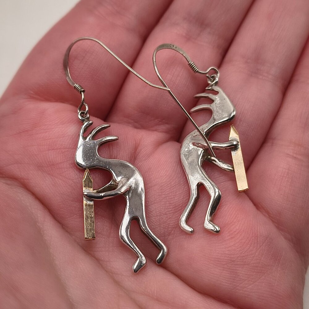 Vintage Sterling Silver Kokopelli Earrings With Gold-tone Flute - Picture 2 of 4